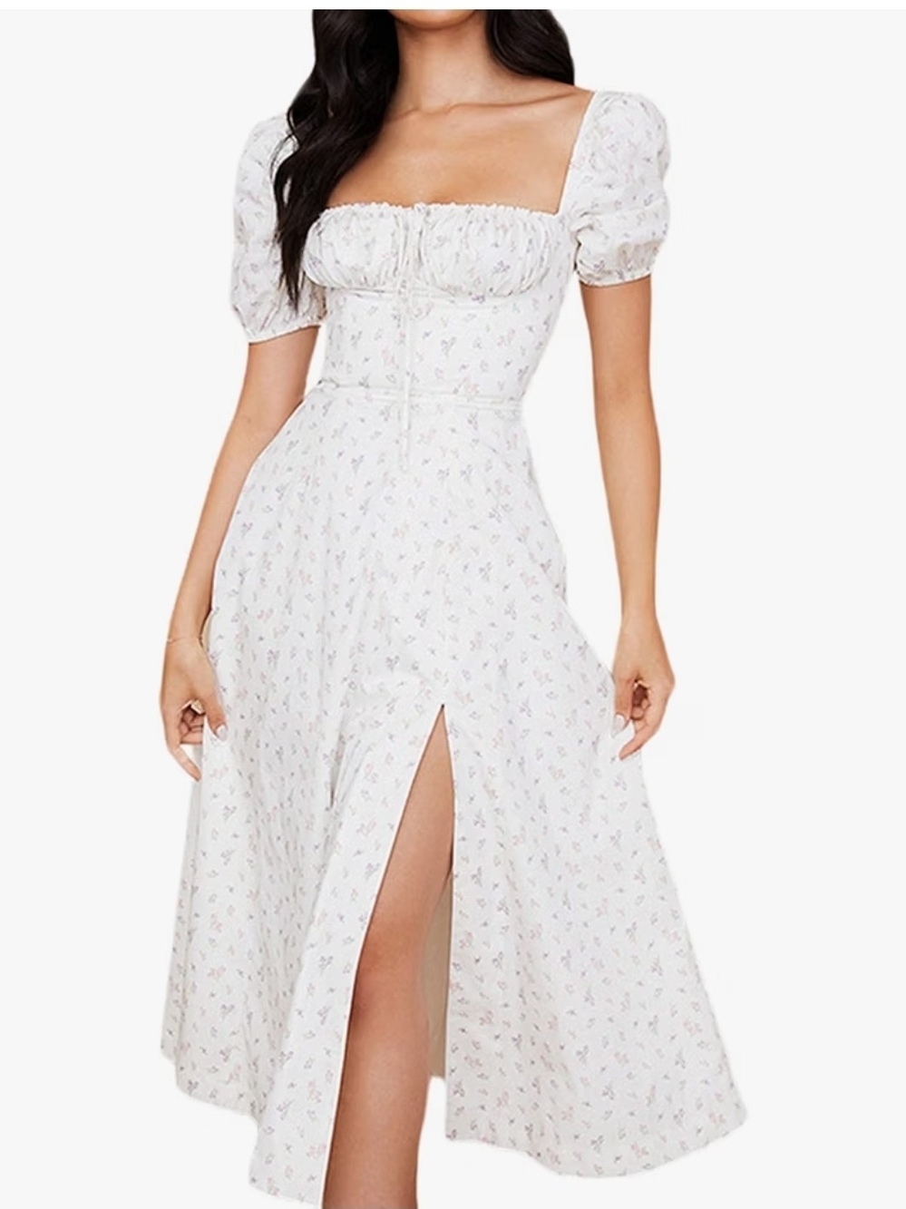 White Floral Puff Sleeve Milkmaid Dress with Front Slit